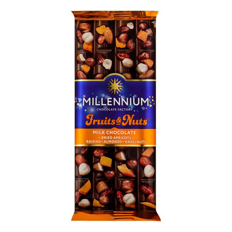 Шоколад Millennium Fruits&Nuts молочний мигдаль, лісовий горіх, курага, родзинки 90г